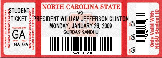 Ticket to Bill Clinton talk at NCSU